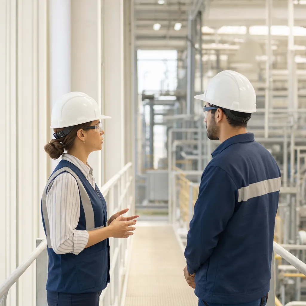 Supervisor in a hard hat and safety vest speaking one-on-one with an employee on a walkway in an industrial plant
