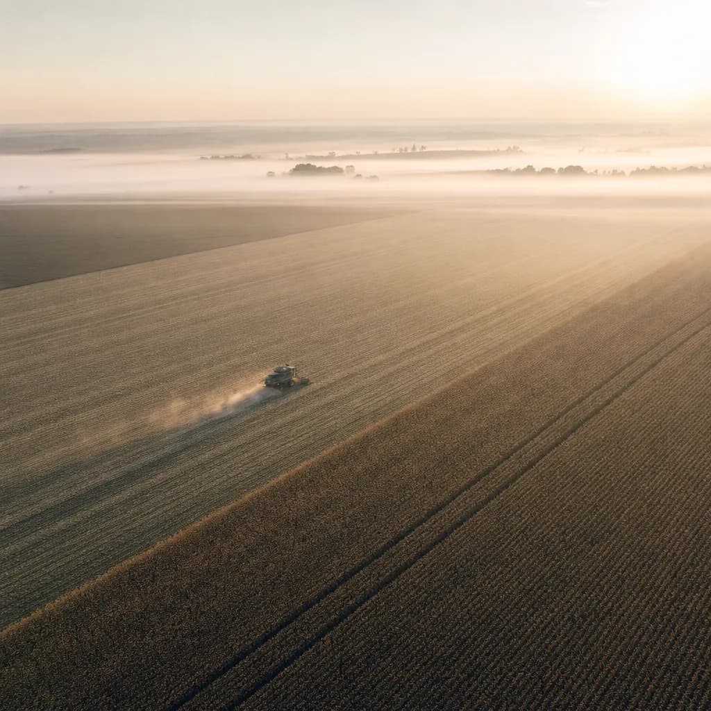 Aerial view of cropland in soft geometric patterns at dawn, with a lone combine harvester working in the distance and leaving precise lines in the field under low fog