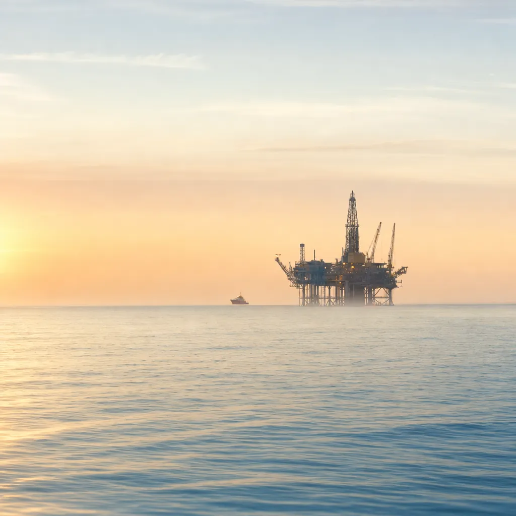 Offshore oil platform seen from a distance on a calm sea at dawn, with light sea fog and a support vessel far away