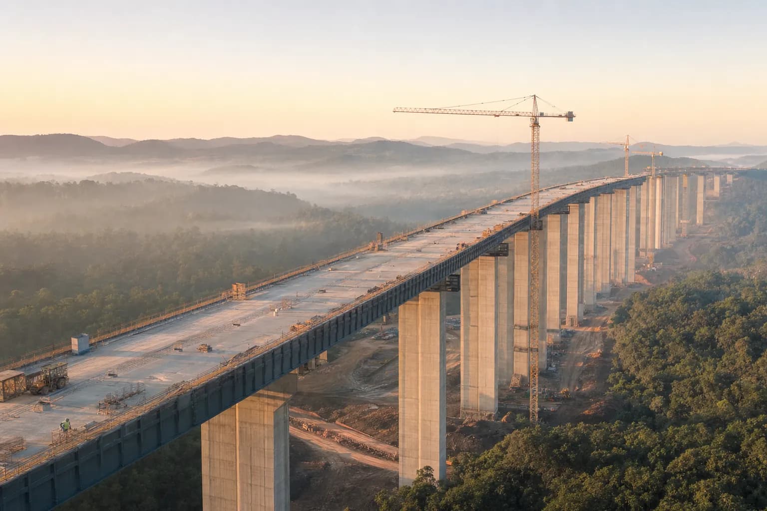 Large-scale infrastructure project seen from above, with a viaduct under construction crossing the landscape under soft dawn light