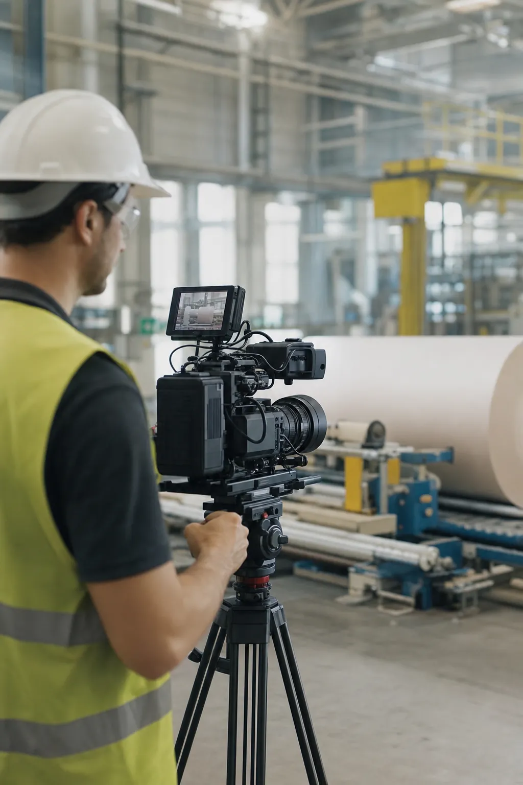 Video professional in a safety vest and hard hat operating a cinema camera on a tripod inside an industrial plant, documenting the operation in the background