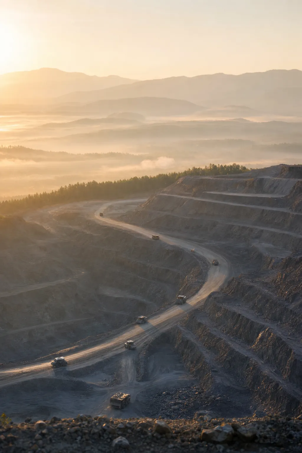 Aerial view of an open-pit mine at dawn, with benches in soft curves and haul trucks working under low fog