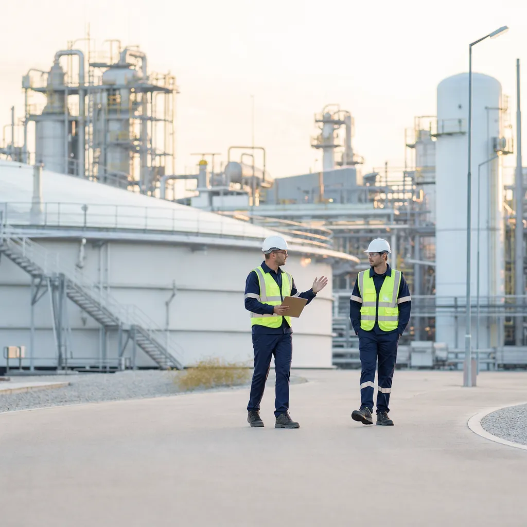 Dois profissionais com capacete e colete de segurança caminhando lado a lado em conversa por via interna de planta industrial ao amanhecer