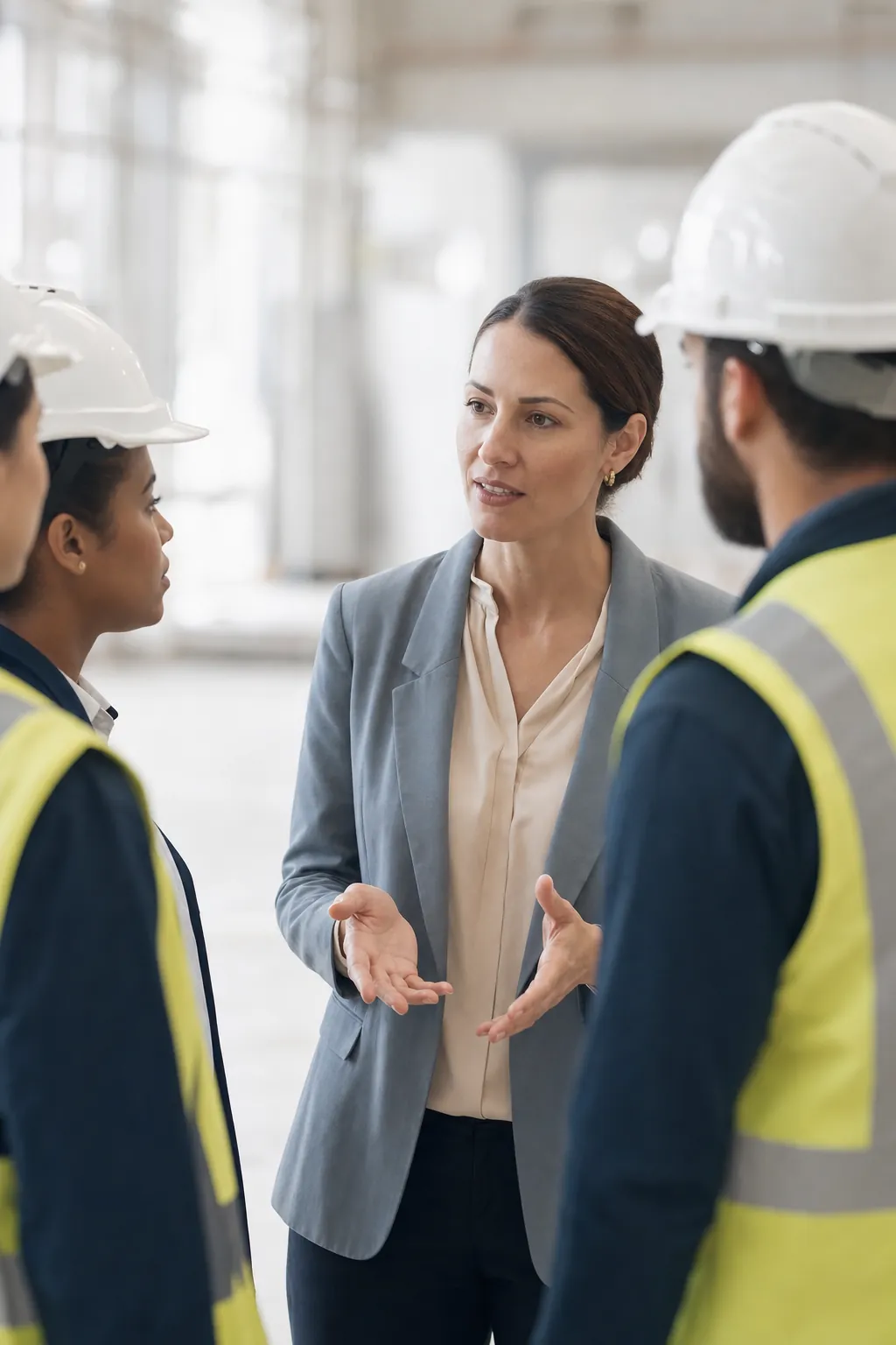 Comunicadora conversando com um pequeno grupo de trabalhadores com capacete e colete de segurança em área industrial clara, sob luz suave da manhã